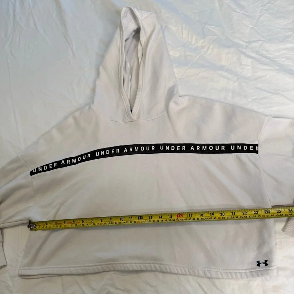 Under Armour White Logo Tape Hoodie Loose Fit Women’s Medium Athleisure Fleece - Picture 10 of 12